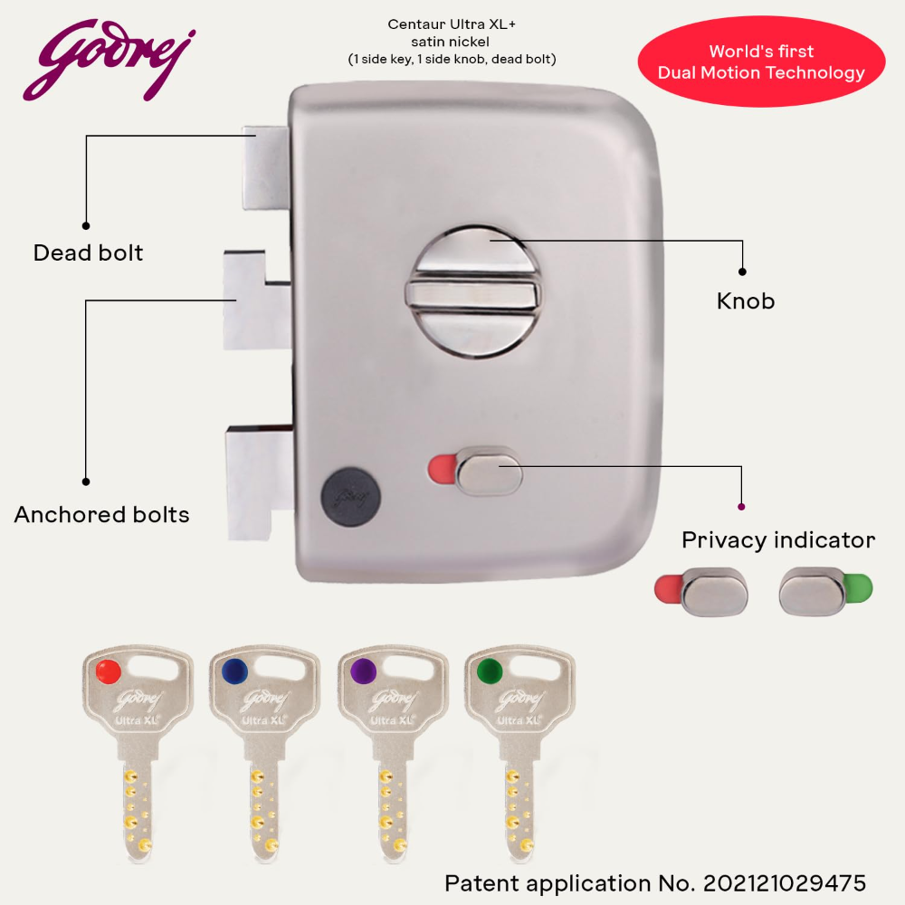 Godrej Centaur Rim Lock I World's 1st Dual Motion Lock | Ultra XL plus  Technology| 4 Keys I 1CK Dead Bolt Lock for Main & Safety Door I Antique Copper Finish (Satin Nickel)